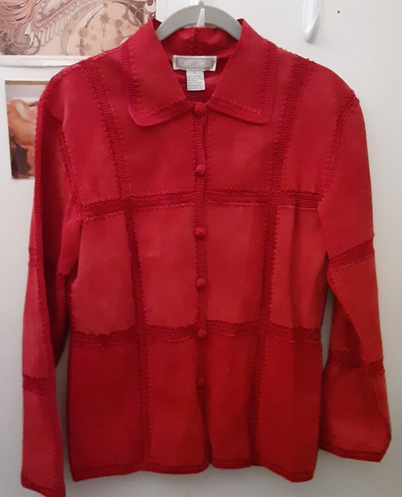 Vintage S.M.H. Boutique S M Red Leather Embroidery Beaded Light Button Up Jacket - Picture 1 of 13
