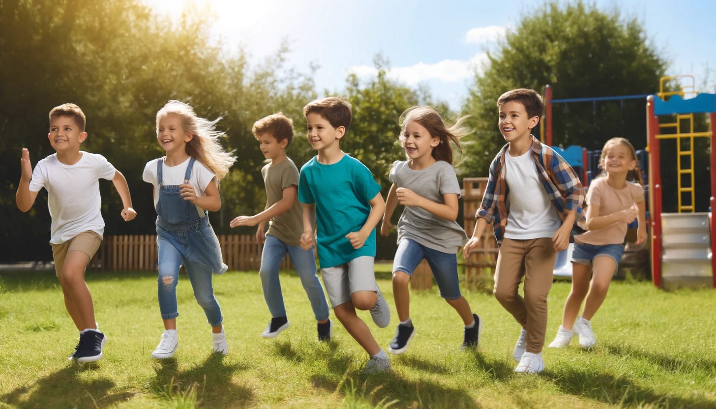 Six children, around 8 to 12 years old, playing outside in a grassy park. The children are wearing casual clothes and are engaged in various activities like running, playing tag, and laughing together. The scene is lively and joyful, with the children enjoying the sunny day. The background includes trees, a clear blue sky, and a few playground structures. The atmosphere is filled with excitement and the fun of outdoor play.