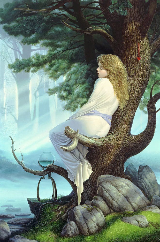 Reclining on a low broken branch, a woman in white diaphanous gown rests against a tree trunk. Lost in contemplation, her eyes are pressed closed. Her hair falls in tight waves of blonde down her back, and a lavender sash crosses her waist from behind. Tacked to the trunk above her, a red glass heart hangs from a ribbon. The forest beyond is partially obscured by branches of a conifer. Soft light cuts diagonals through the misty air. The tree squats on a grassy island. At its front edge, an open vessel half filled with water contains a solitary flame. A branch crosses in front of the tripod stand it sits upon. A skull is revealed in a knob of the branch, a memento mori revealing the woman's thoughts.