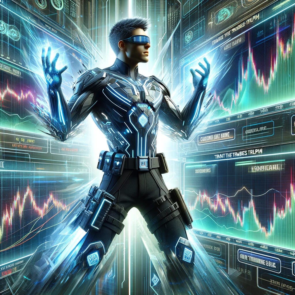 A futuristic trader character, dressed in sleek, high-tech attire, stands in front of multiple glowing, holographic stock market screens. The screens display graphs and data about AI chip stocks. The trader, with a determined and aggressive expression, is animatedly making trades, his hands gesturing in the air as if grabbing opportunities. He is surrounded by dynamic, digital visual elements that suggest movement and speed, emphasizing his aggressive trading style. The background is abstract and stylized, with bright colors and geometric shapes, creating a cool and unique atmosphere.