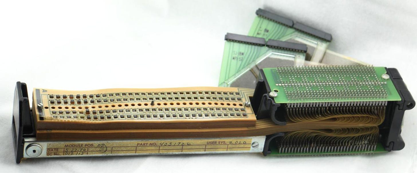 A TROS module, about 15" (39 cm) long. On the left, 60 transformers pass through the stack of 128 Mylar sheets. (Only the square ends of the transformers are visible.) The sheets are connected to the diode boards on the right. The TROS module is connected to the rest of the computer through the connector cables at the back.