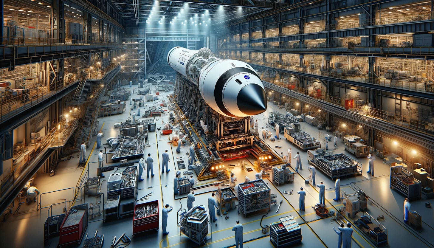 A detailed scene of a NASA rocket being assembled inside a large, industrial manufacturing center. The facility is filled with high-tech equipment and machinery, illuminated by overhead lights. Several engineers and technicians in white and blue uniforms are actively working on different parts of the rocket, which is large and mostly white with black and red accents. Tools and parts are scattered around the workspace, emphasizing the complexity of the task.