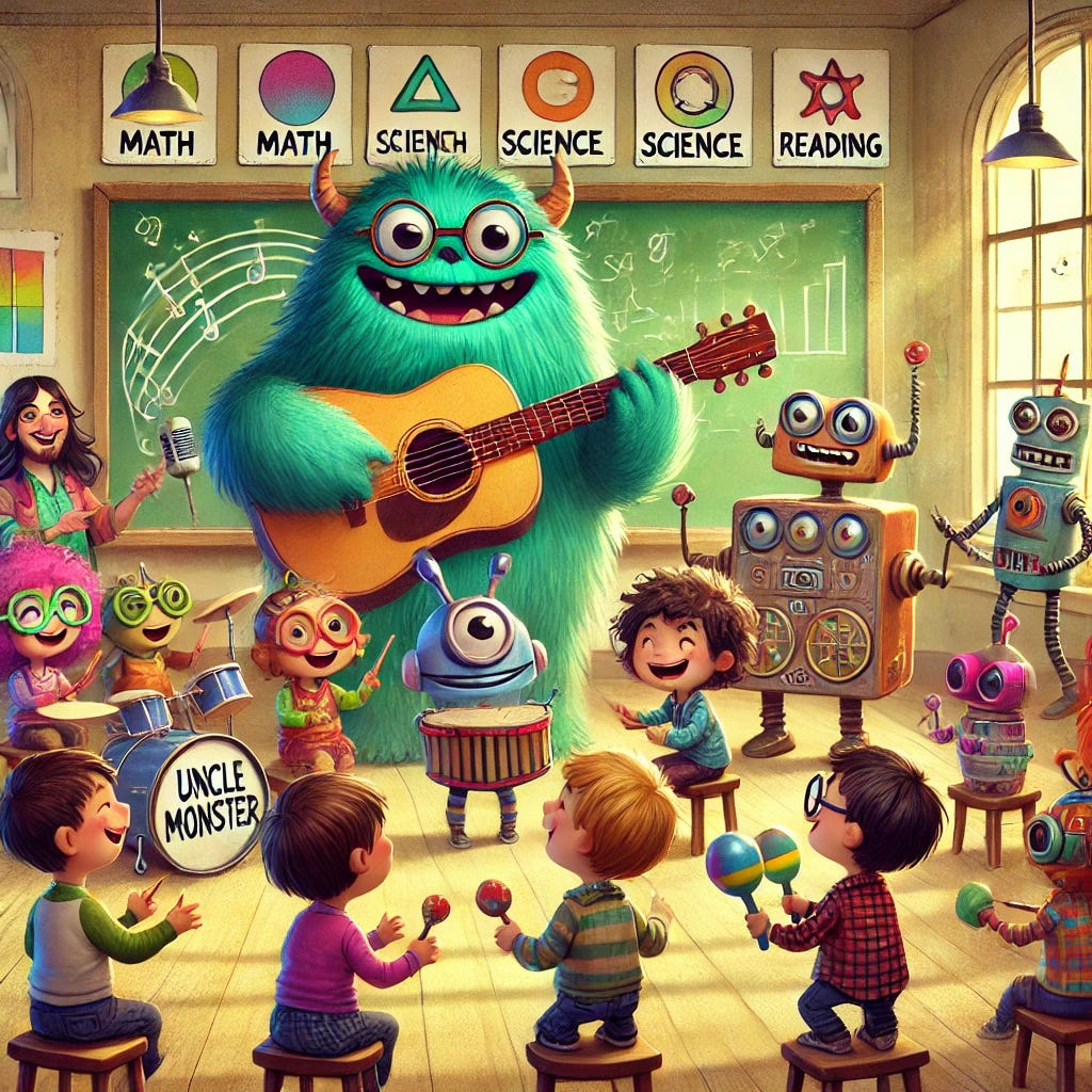 A whimsical and lively classroom scene featuring a fictional band called Uncle Monster & the Annoids teaching a group of children. Uncle Monster, a friendly, playful monster with bright colors, stands at the front, holding a guitar and singing. The Annoids, a group of quirky, robot-like band members, play various instruments like drums and keyboards. The children are smiling, dancing, and holding small musical instruments like tambourines and maracas. The classroom is decorated with colorful posters, and symbols for math, science, and reading appear on the chalkboard in a fun, engaging style. The atmosphere is vibrant, playful, and filled with excitement, capturing the joy of learning through music.