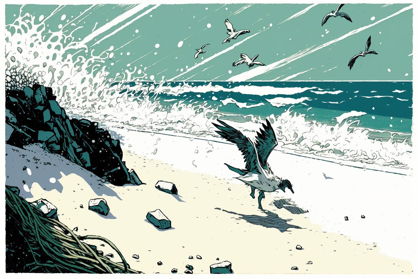 A seagull on the side of shore with giant waves crashing in the background, graphic novel