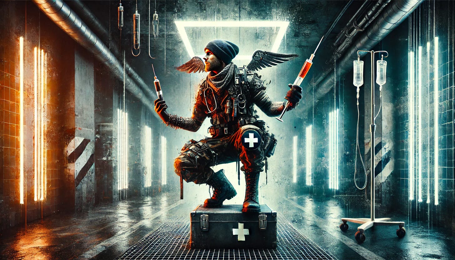 An abstract image depicting a person arming themselves for the healthcare battlefield, styled with a gritty, rebellious, and industrial aesthetic. The figure wears a punk-inspired outfit with a leather jacket, combat boots, and a bandana, holding medical tools like syringes and a stethoscope as if they were weapons. The hospital setting is dark and industrial, with exposed pipes, flickering neon lights, and graffiti-covered walls. The person’s expression is defiant and determined, symbolizing readiness to confront the challenges of modern healthcare. The scene combines edgy, industrial textures with bold, rebellious energy.