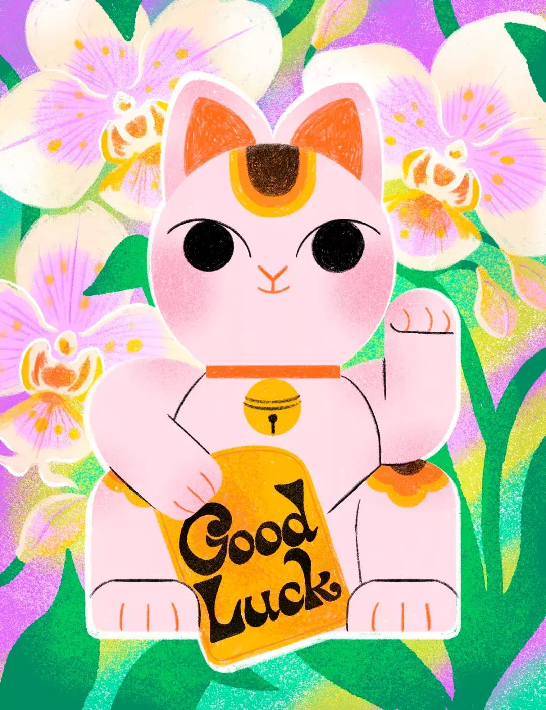 A pink Japanese maneki-neko, or beckoning cat, surrounded by blossoming flowers, holds up a sign that says "good luck".