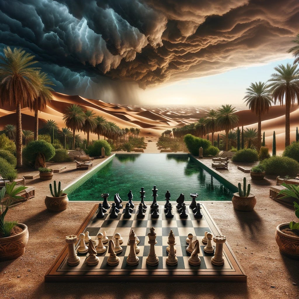 Create an image depicting a chessboard in a Middle Eastern oasis, symbolizing 'trouble on the horizon'. The oasis should be lush and green, with palm trees and a tranquil pool of water. In the foreground, place a chessboard with pieces arranged in a tense, strategic formation, reflecting the theme of impending conflict. The background should include a dramatic horizon, with dark, stormy clouds gathering over the otherwise serene desert landscape, symbolizing looming troubles. This contrast between the peaceful oasis and the ominous sky should capture the sense of unease and the anticipation of future challenges.