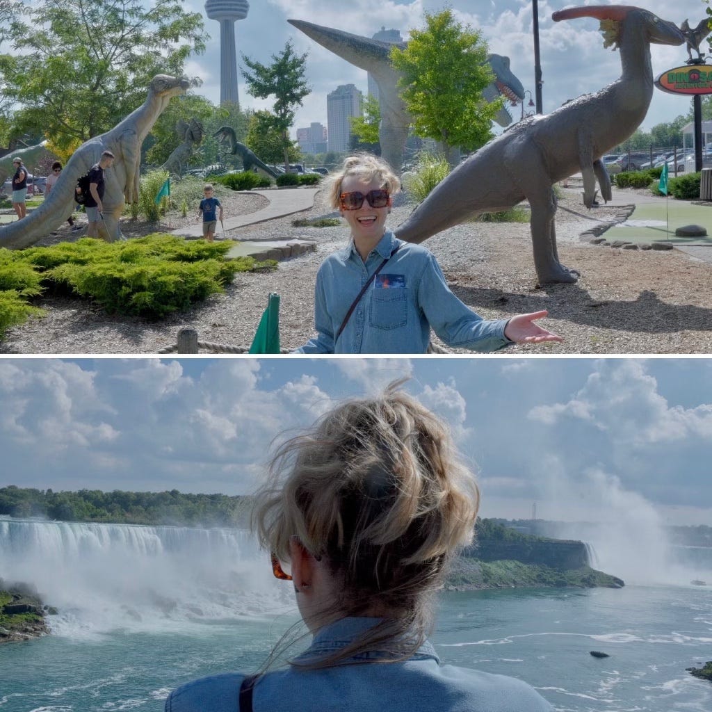 Two Photos 1) Leah at a Dinosaur themed mini golf park 2) Leah looking over Niagara Falls