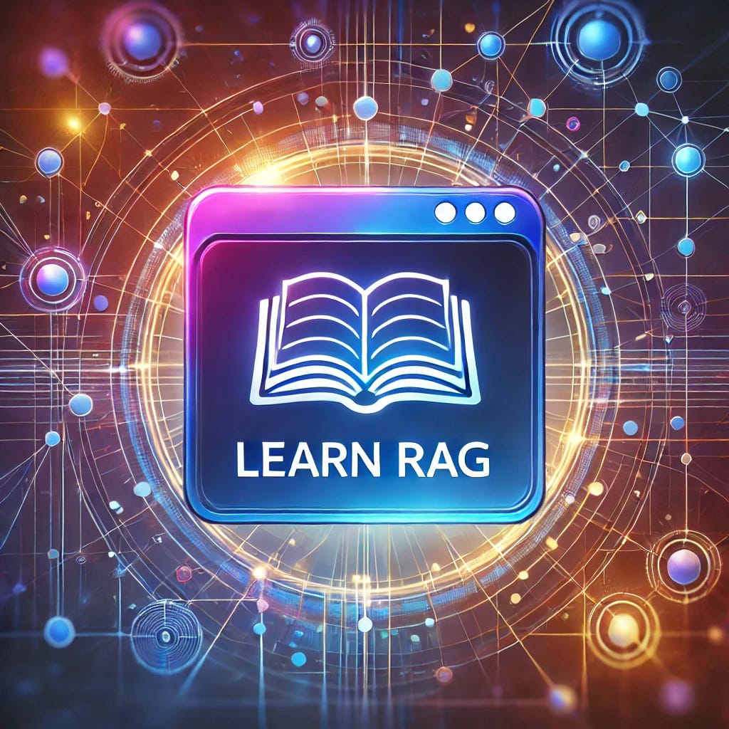 A modern, bright, and vibrant image with a futuristic design. The background features interconnected network nodes and lines, creating a tech-savvy atmosphere. In the foreground, there is a large, glowing browser window with a gradient from blue to purple. Inside the browser window, the text 'Learn RAG' is displayed prominently in white, bold font. At the bottom right, there is an icon of an open book, also glowing, to signify learning and education.