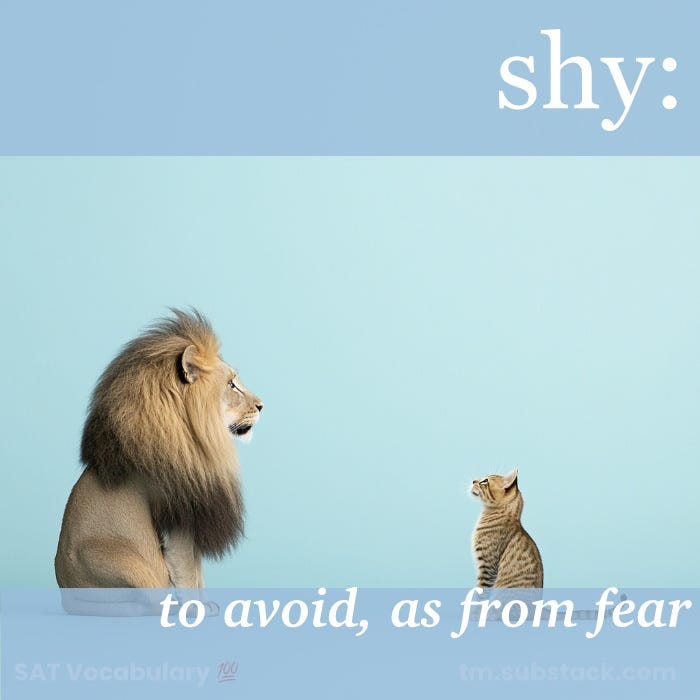 Illustration of a cat avoiding a lion; used to illustrate the SAT word 'shy' as a verb.