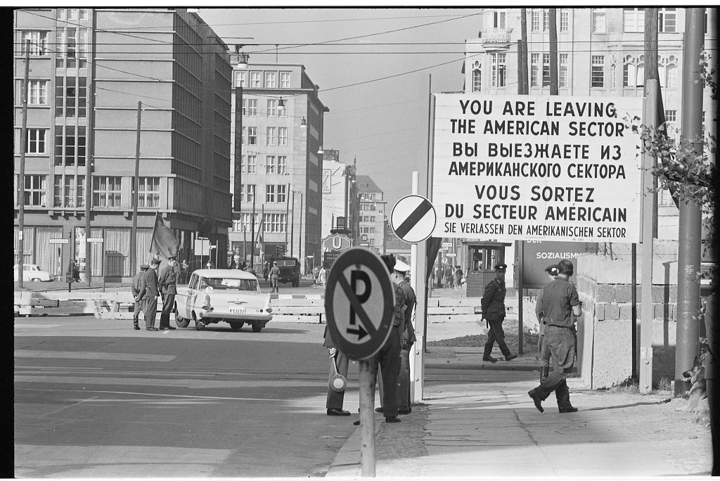 Checkpoint in West Berlin, West Germany with sign "You are leaving the American  Sector" in four languages] / TOH. | Library of Congress