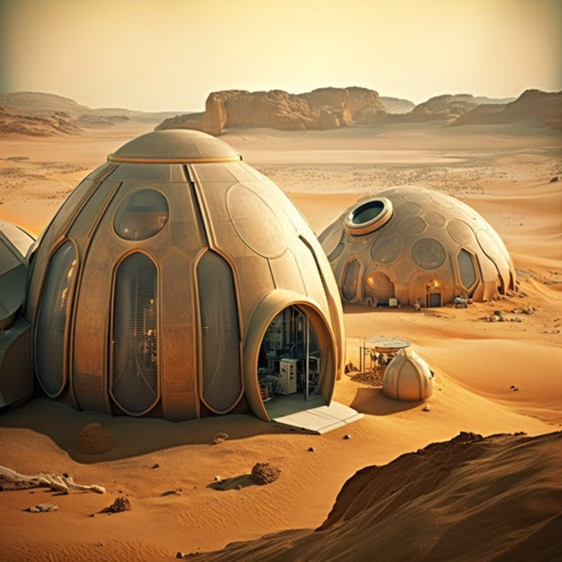 An AI conception of the first Martian colony consisting of a few small domed structures.