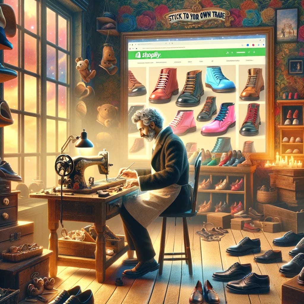 A digital artwork blending the proverb "stick to your own trade" with the theme of Shopify. The image features a whimsical, modern setting, depicting a cobbler diligently working at his shoe-making bench, surrounded by an array of beautifully crafted shoes. In the background, a large, glowing computer screen displays a vibrant Shopify online store, showcasing various shoes. The cobbler, a middle-aged man with a focused expression, is dressed in traditional attire, adding a classic touch to the scene. The room is filled with warm, inviting colors, and the atmosphere conveys a blend of old-world craftsmanship and modern digital commerce.