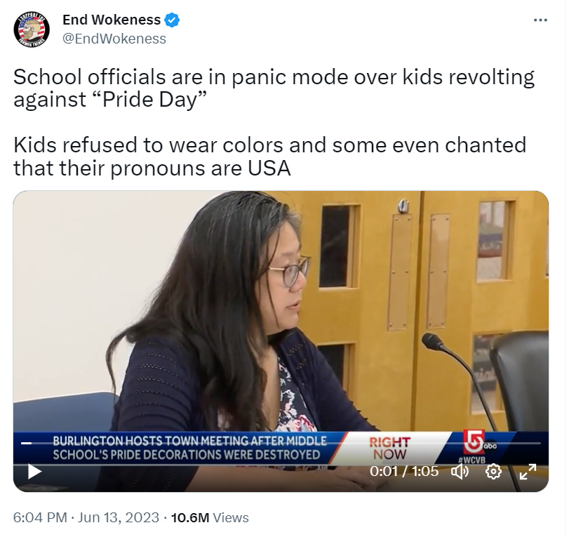 Lame school authorities pushing Conformmunism, and the kids want nothing to do with it! End Wokeness tweet about school officials panicking after middle schoolers rebel against "Pride Day."