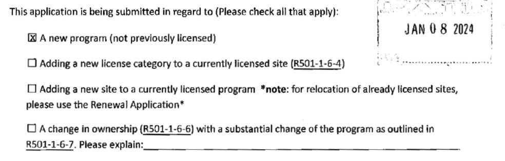A part of a government form, with a box checked for "A new program (not previously licensed)" and no checkmark for "A change in ownership..."