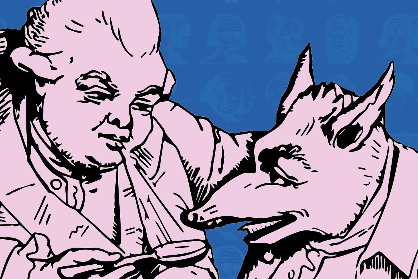 A vibrant graphic for the "Striking Impressions" exhibition, featuring a stylised illustration of a human figure and a wolf-like character engaging closely. The human figure appears contemplative, holding a spoon and leaning towards the wolf, which is portrayed mid-snort or speech. The background is a bold blue with ghosted faces, emphasising the exhibition's theme of exploring diverse representations of faces. The art style is bold and graphic, using pink outlines on a vivid blue backdrop to create a striking visual contrast.