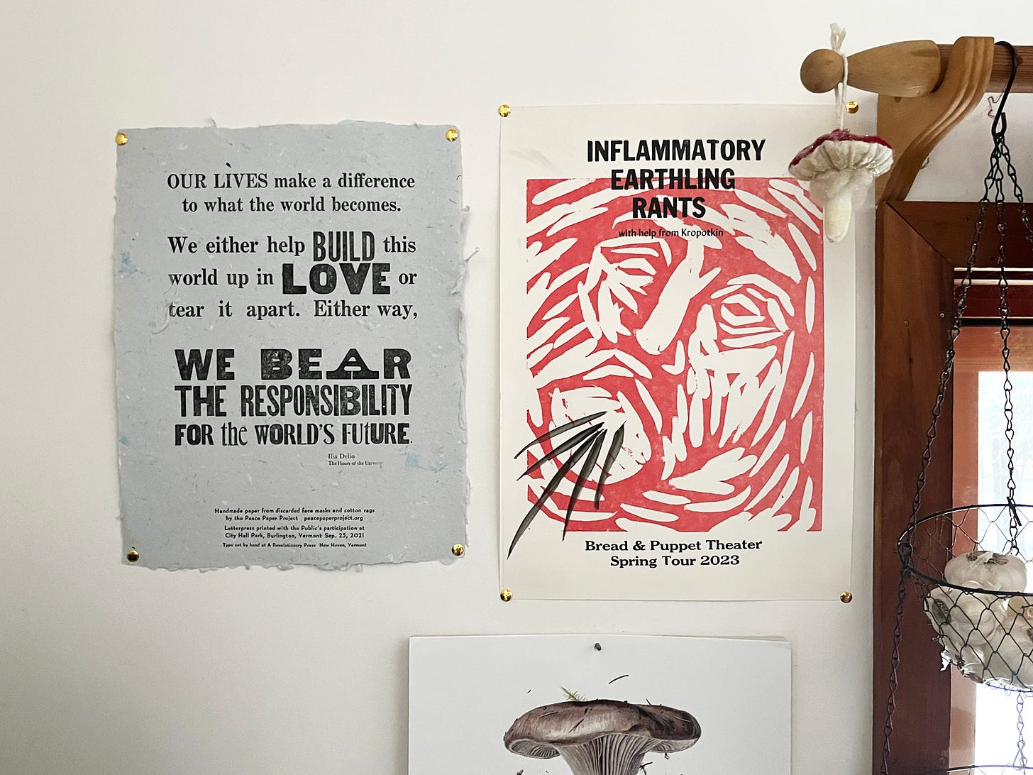 a print by Peace Paper Project and a poster by Bread and Puppet Theater