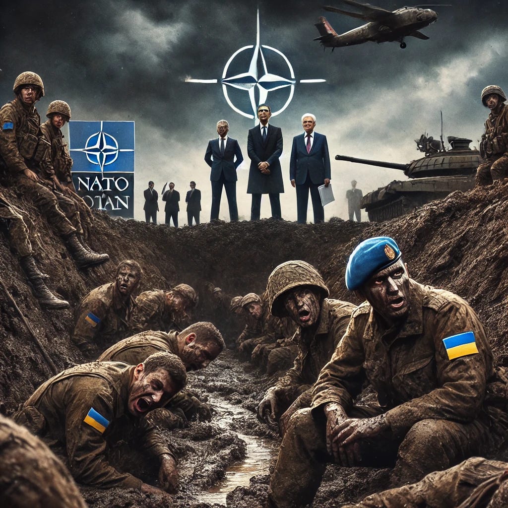 A powerful and dramatic scene depicting a Ukrainian battlefield, with exhausted soldiers standing in muddy trenches, their faces showing fatigue and uncertainty. Behind them, NATO and Western leaders are seen in the background, watching from a distance, dressed in suits, holding strategy documents. The sky is dark and stormy, symbolizing the prolonged conflict. The image conveys the feeling of a long, drawn-out war where Ukraine is used as a battleground for larger geopolitical interests.