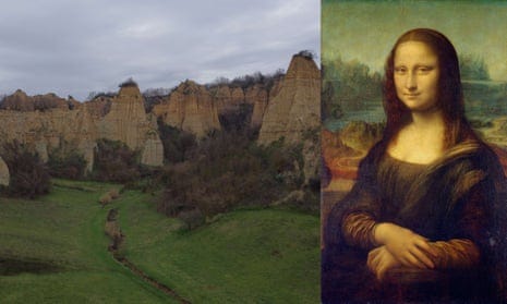 The Mona Lisa, next to what is claimed to be the geological formation displayed in the painting.