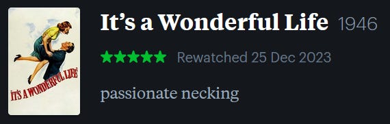 screenshot of LetterBoxd review of It’s a Wonderful Life, watched December 25, 2023: passionate necking
