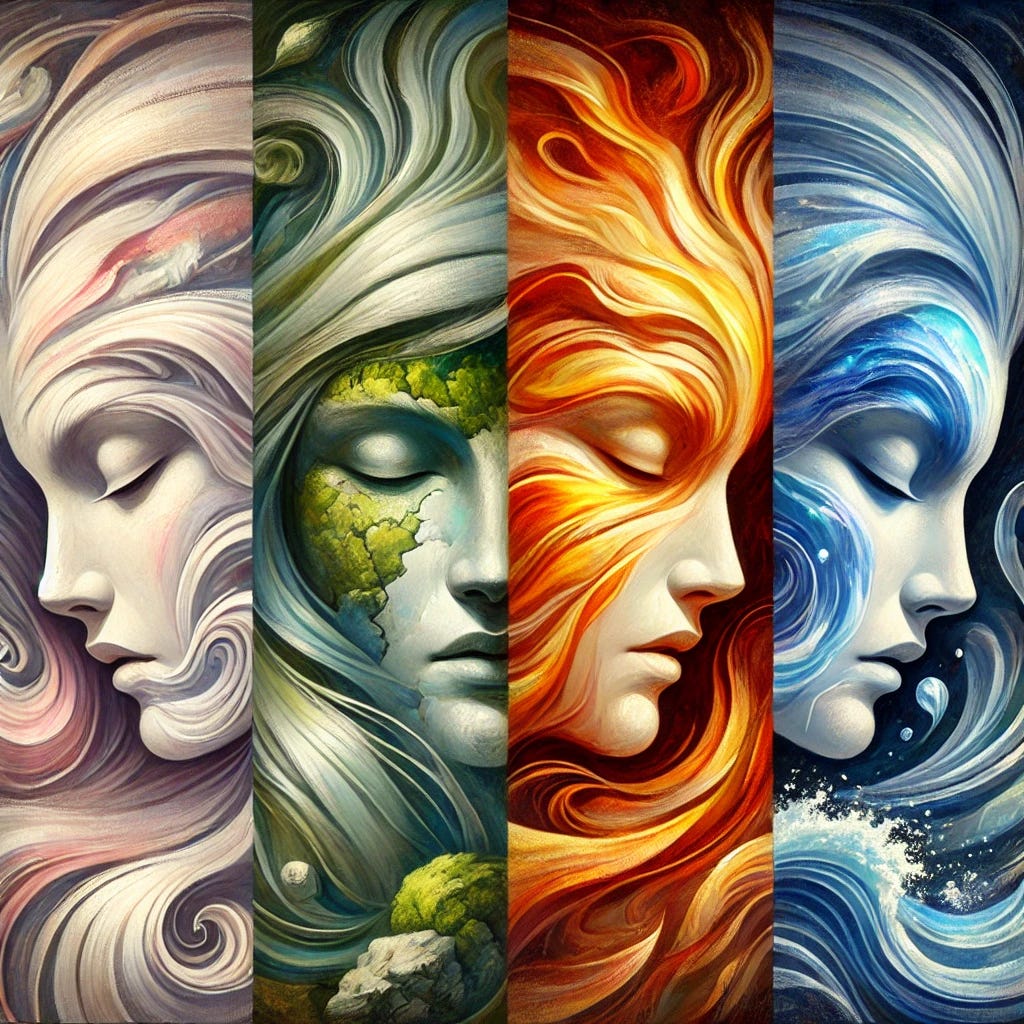 An artistic image featuring four faces, each representing one of the classical elements: air, earth, fire, and water. The air face is light and ethereal, with flowing hair and soft, pale colors like light blue and white, symbolizing wind and movement. The earth face is strong and grounded, with earthy tones of green and brown, possibly with leaves, rocks, or vines integrated into the features. The fire face is intense and dynamic, with sharp features and vibrant reds, oranges, and yellows, symbolizing heat and energy. The water face is calm and fluid, with shades of blue and aqua, with elements like waves or droplets incorporated into the face. All faces are arranged in a balanced, harmonious composition against a dark background to highlight their elemental characteristics.