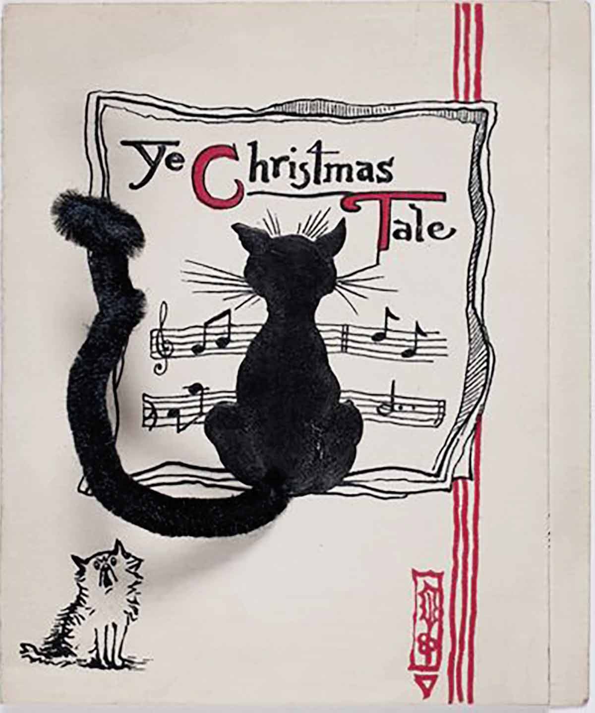 A Victorian Christmas of a black cat looking at a sheet of music.