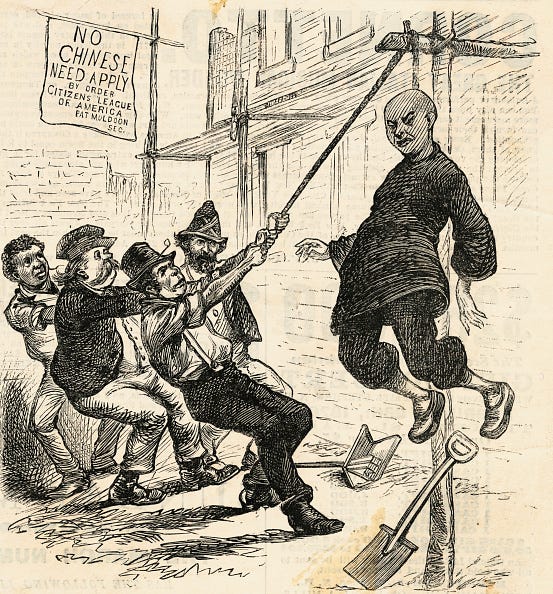 Cartoon depicts Irish, German, Italian and African-American citizens lynching a Chinese man, circa 1880