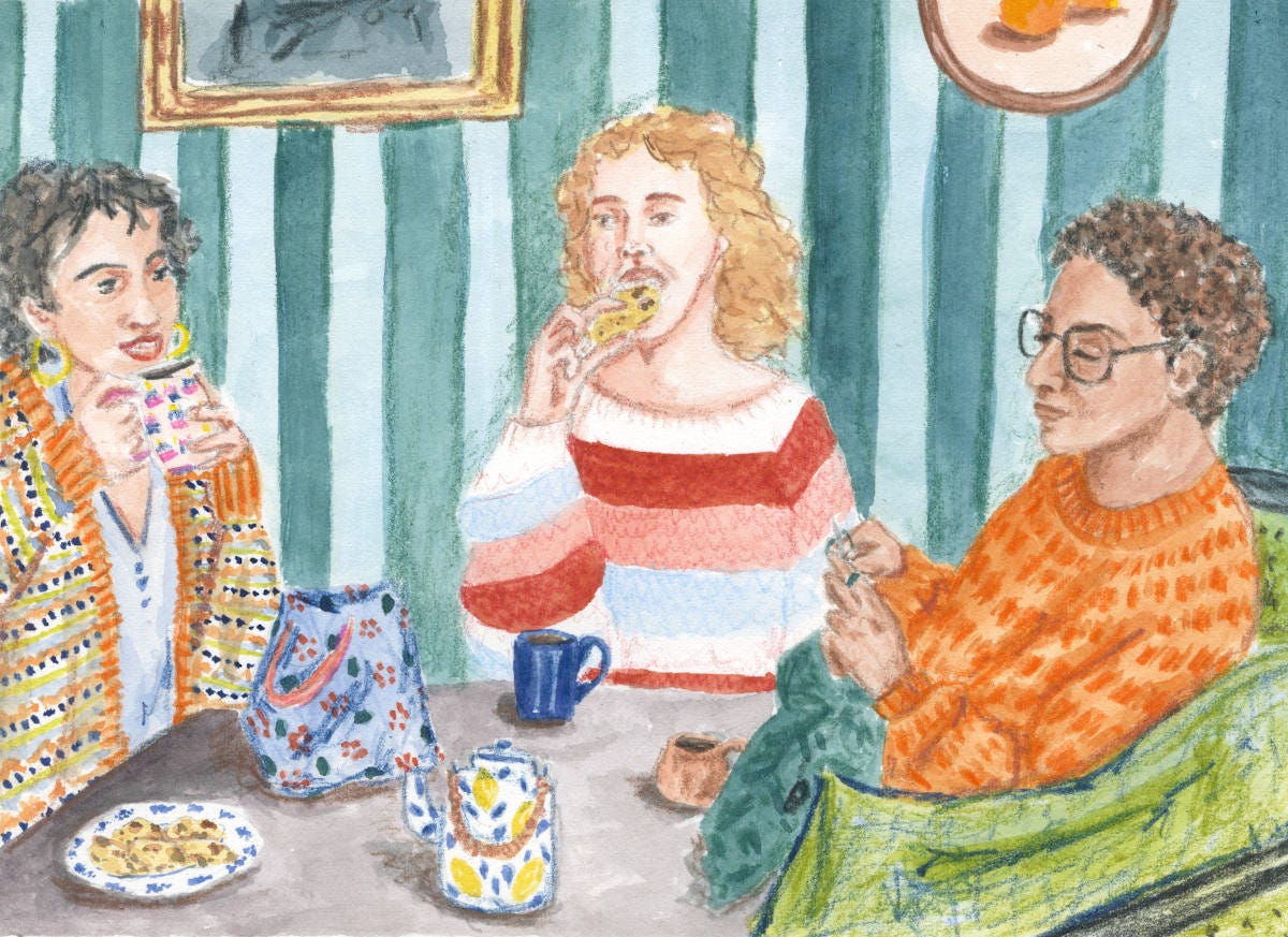 illustration en couleur de trois femmes tricotant, buvant du thé et mangeant des cookies