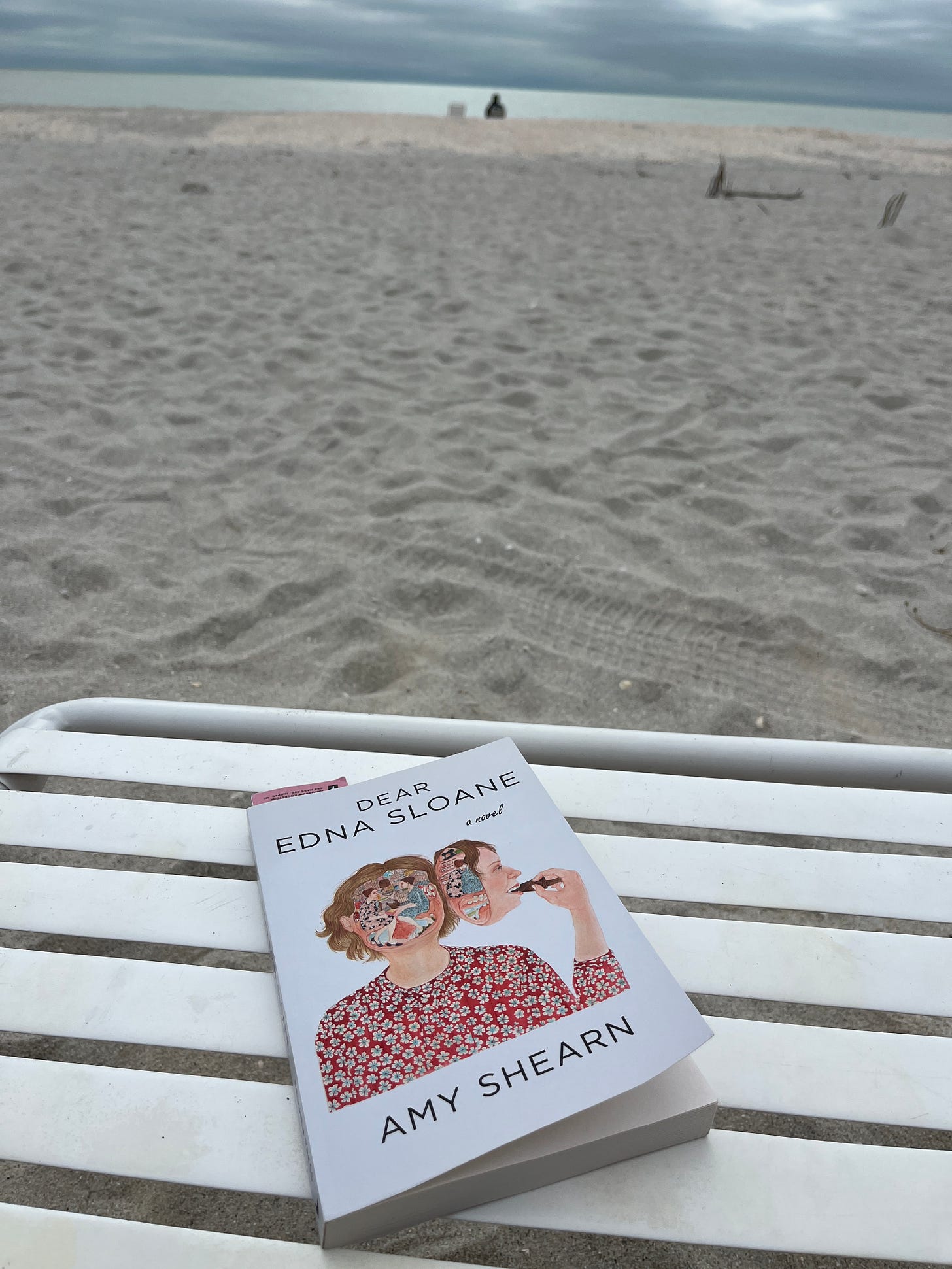 A copy of the Dear Edna Sloane on a lounge chair with beach and in the distance, a silhouetted figure sitting in a beach chair in front of the water