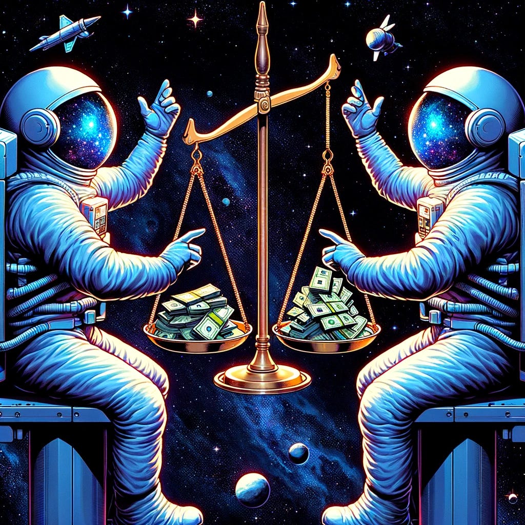 In a vivid anime style, depict two astronauts in outer space, further away from any planets, engaging in a polite disagreement. They are focusing on a traditional scale with an arm and a plate on each side, floating in the void of space between them. Each plate of the scale is loaded with a pile of money. The astronauts are each gesturing towards one side of the scale, trying to prove their point about which pile of money is bigger. The background is the dark, starry expanse of outer space, with no planets or missiles in sight, adding a surreal and cool aspect to the scene.