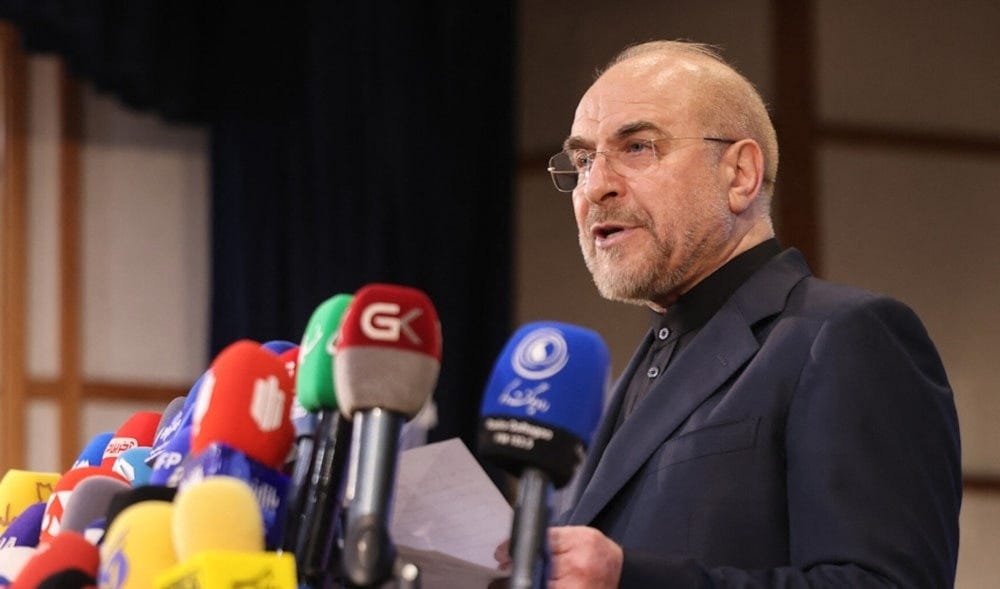 Iranian Parliament Speaker Mohammad Baqer Ghalibaf addresses the media after submitting his candidacy for Iranian presidential elections in Tehran on June 3,2024. (AFP)