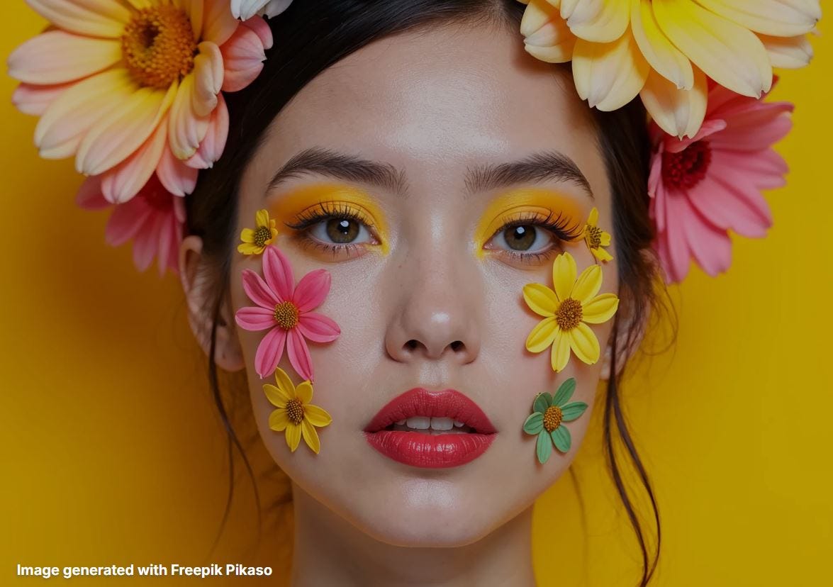 Close-up portrait of a woman with bright yellow eyeshadow, bold red lipstick, and colorful flowers on her face and in her hair, set against a vibrant yellow background. Image generated with Freepik Pikaso. Close-up portrait of a woman with bright yellow eyeshadow, bold red lipstick, and colorful flowers on her face and in her hair, set against a vibrant yellow background. Image generated with Freepik Pikaso.