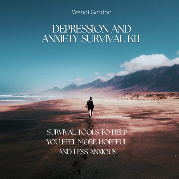 "Depression and Anxiety Survival Kit" ebook cover image of person walking between ocean and mountains. Image created by author Wendi Gordon using Canva template.