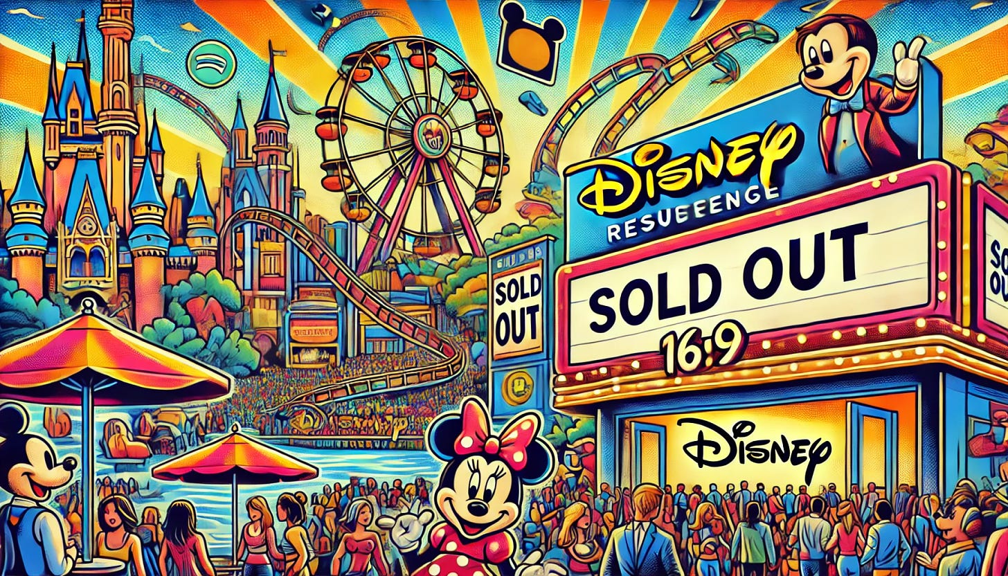 A vibrant pop-art style 16:9 illustration showcasing Disney's resurgence. The image includes a movie theater with 'Sold Out' signs, lively amusement park with roller coasters, and an icon for streaming services. The background is bustling with happy families and iconic Disney characters. The scene radiates success and entertainment, with a modern, colorful pop-art flair.