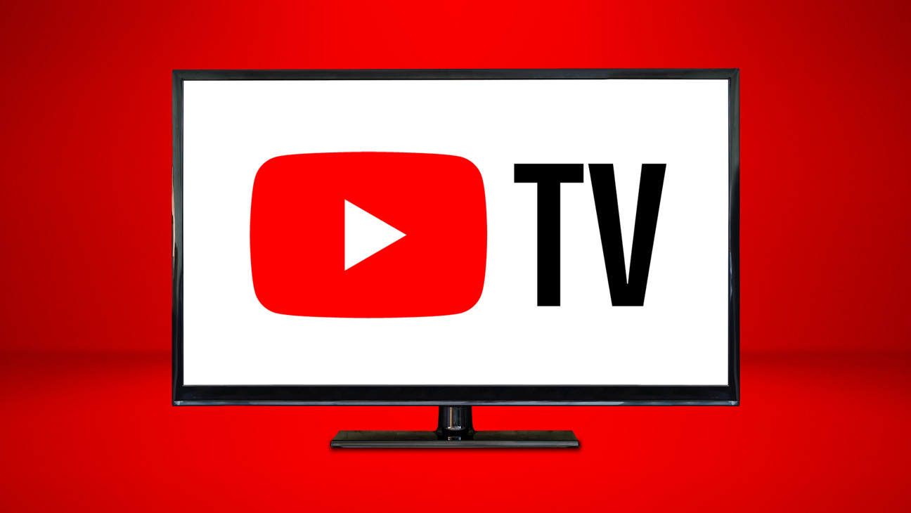 YouTube TV logo on a widescreen TV in front of a red background