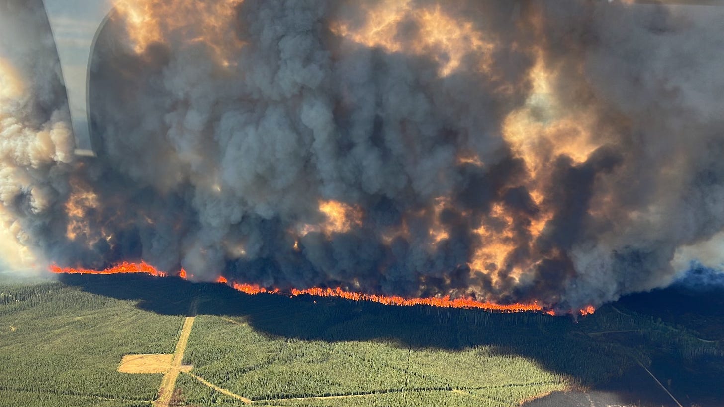 Aerial view of the Donnie Creek wildfire, British Columbia, Canada, 2023. 