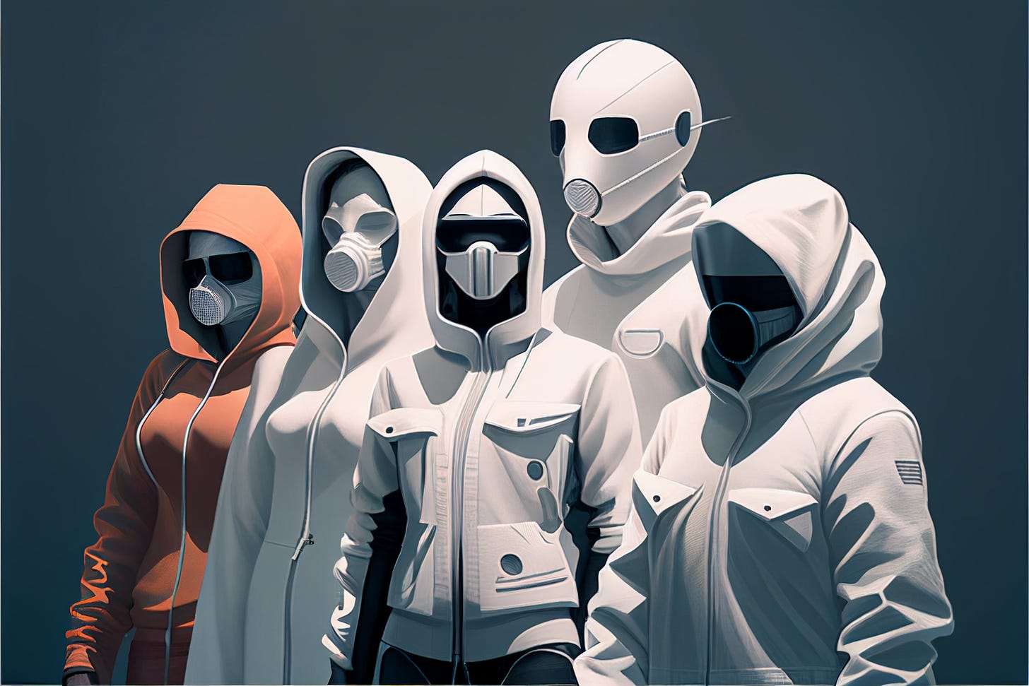 8 people in digital white masks, eyes covered, apple style, basic clothes, futuristic, super detailed