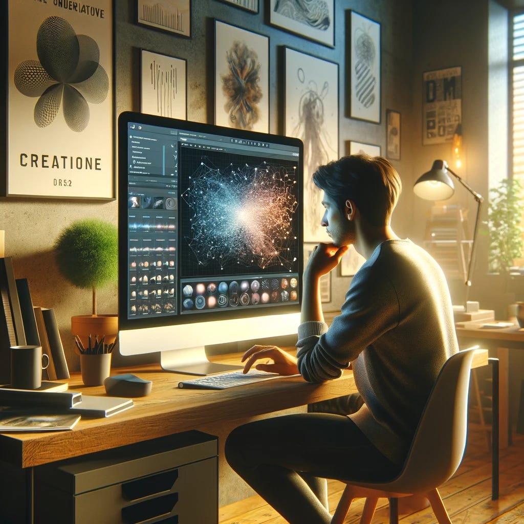 A scene featuring a person seated in front of a modern, sleek computer in a well-lit, cozy home office. The person is focused, with their fingers poised above the keyboard, gazing intently at the screen which displays a user interface of a Generative AI art tool. Various abstract thumbnails of potential images appear on the screen, indicating the person's exploration of creative possibilities. The room is adorned with inspirational posters and a couple of houseplants, adding to the creative and comfortable ambiance. The person is casually dressed, suggesting they are working from their personal space, fostering innovation and creativity.