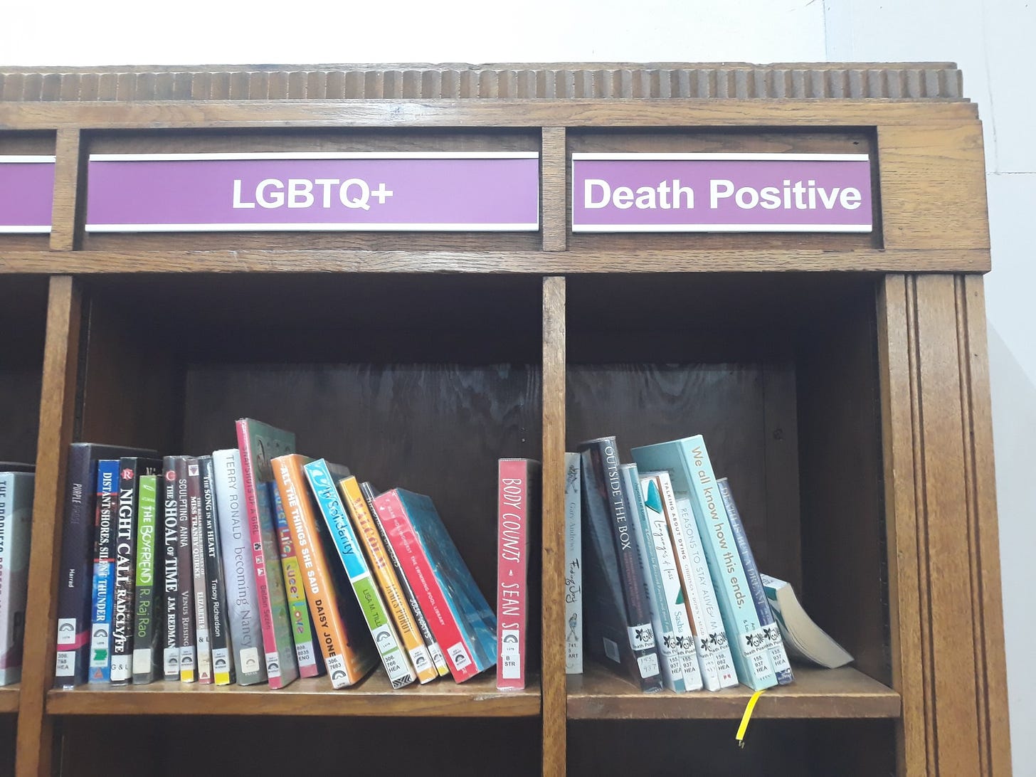 library bookshelf with LGBTQ+ and death positive labels