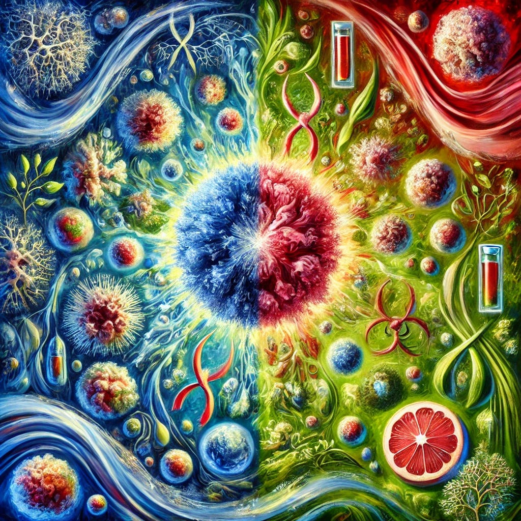 A vibrant, square oil-painting style image depicting a symbolic representation of cancer research and alternative therapies. At the center, an abstract depiction of healthy cells versus cancerous cells, with one side showing bright, structured cytoplasm healing the cells, and the other side showing chaotic, disrupted cells. Surrounding this, abstract elements like flowing water (representing structured water and intracellular gels), energy waves (hinting at EMF exposure), and natural elements like mistletoe and a ketogenic diet. The color scheme features deep blues, greens, and reds, symbolizing healing and the battle against cancer.