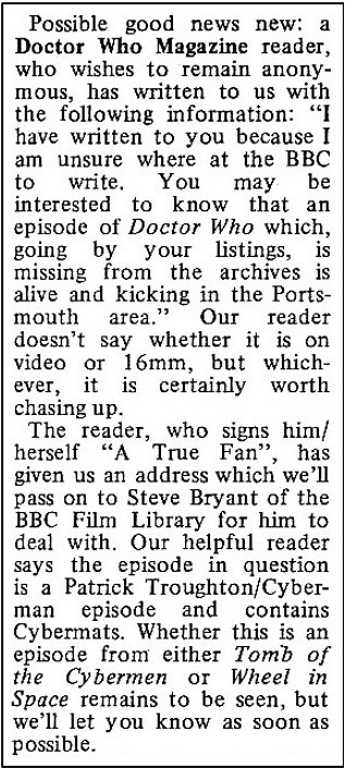 Doctor Who Magazine cutting reporting the existence of an episode featuring Patrick Troughton, Cybermen and Cybermats in the Portsmouth area, brought to heir notice by an anonymous letter.