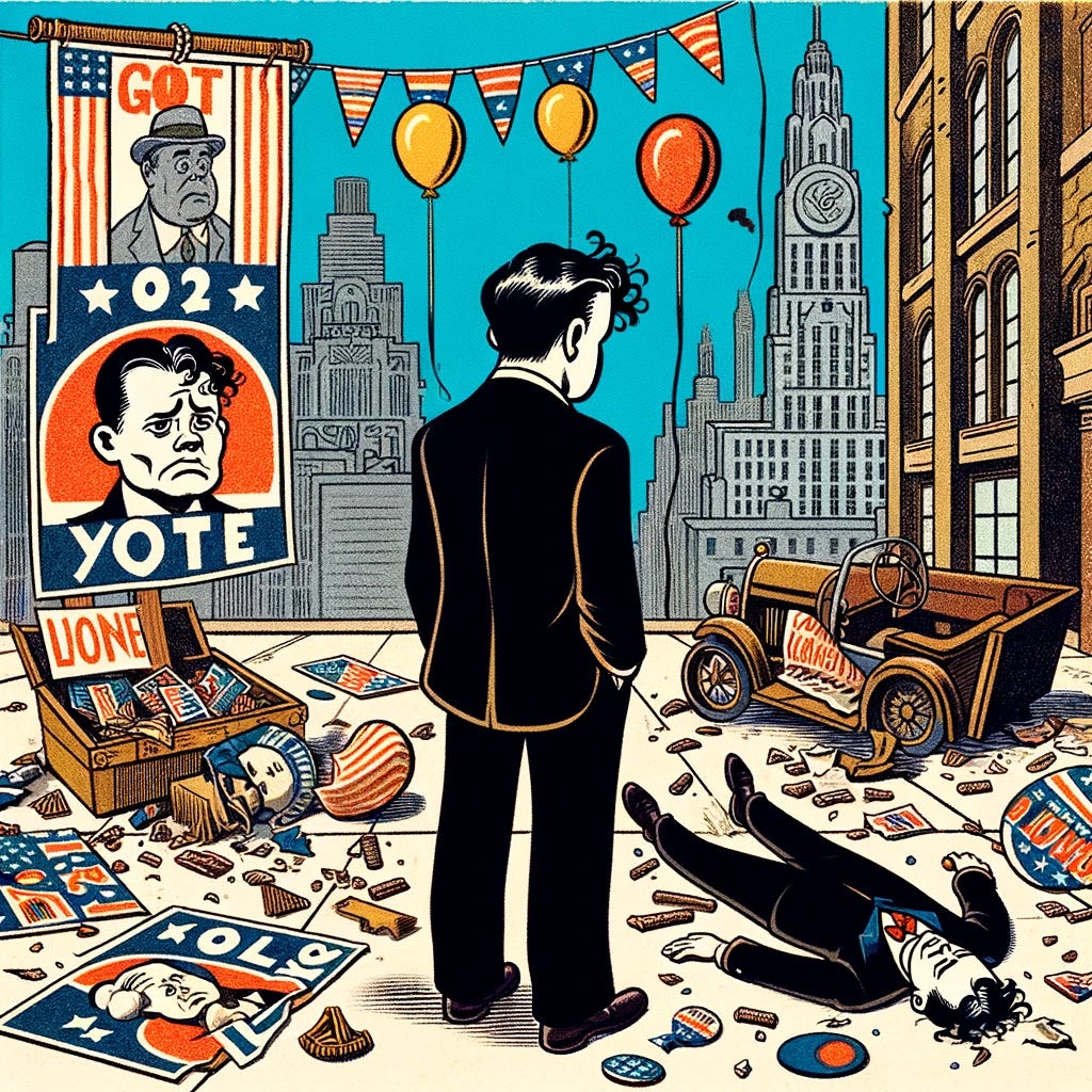 Create a 1930s comic strip-style illustration for an article about a failed political campaign, with additional electoral campaign details. Feature a caricatured, dejected political candidate with dark hair, shown from the back. Around him, include symbols of a failed campaign: scattered campaign posters with his face, a broken campaign banner, and fallen balloons. The whimsical cityscape in the background should be indicative of the 1930s, with elements of Art Deco architecture. Add a sense of chaos and disarray to the scene, emphasizing the humorous aspect of the failed campaign. The style should be light-hearted and playful, capturing the essence of vintage comic strips from that era, with bold lines and simple colors.