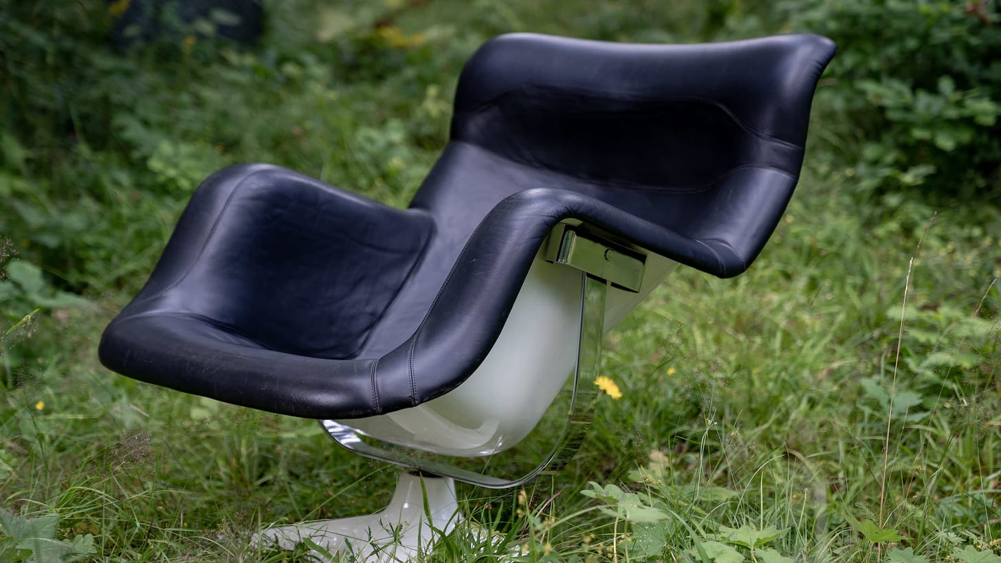 Finnish interior architect and designer Yrjö Kukkapuro's Karuselli chair, artist studio garden, Kauniainen, 5 August 2020.