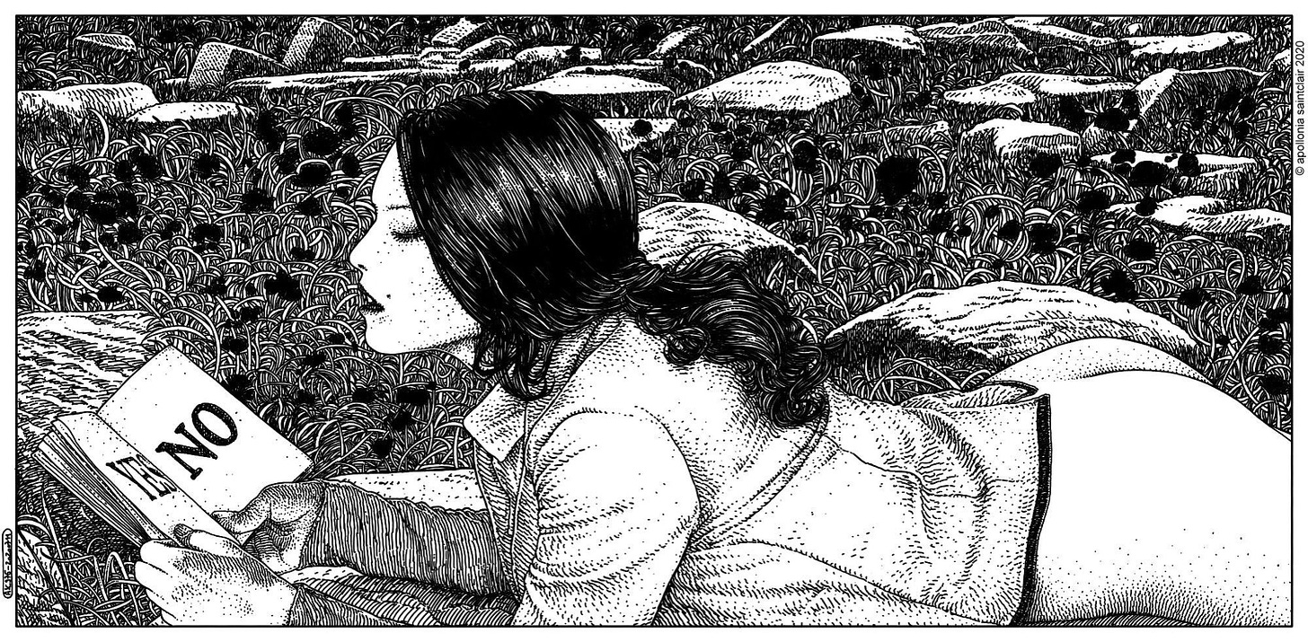 "The Unanswered Question" by Apollonina Saint-Clair is a black/white ink drawing of a woman laying on grass holding a book with "yes" and "no" written on the left and right pages.
