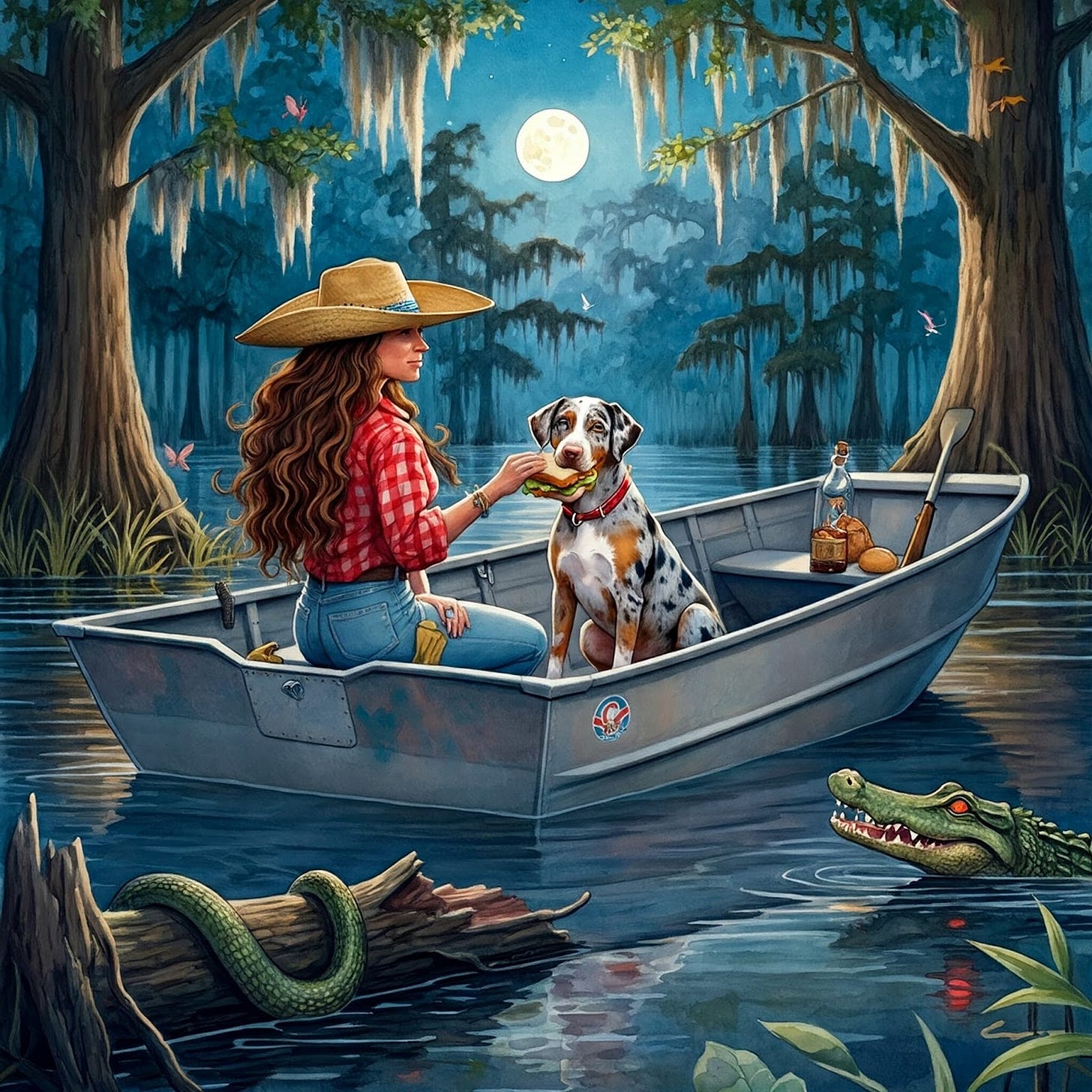 image of woman giving Catahoula Leopard dog his reward for a good days work image of woman giving Catahoula Leopard dog his reward for a good days work