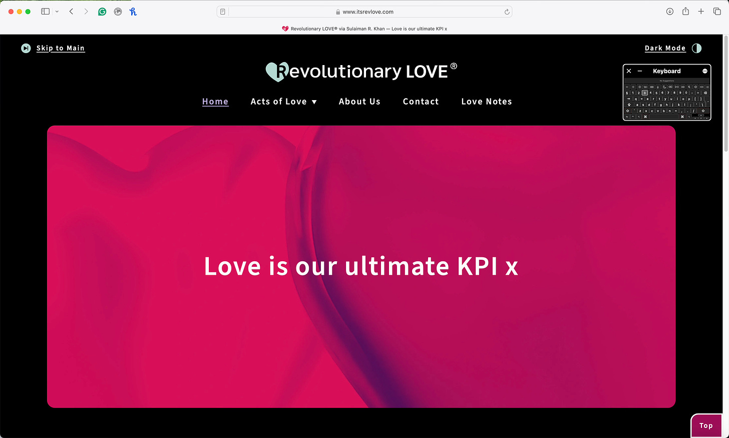  Revolutionary LOVE, registered trademark, website in Dark Mode. 