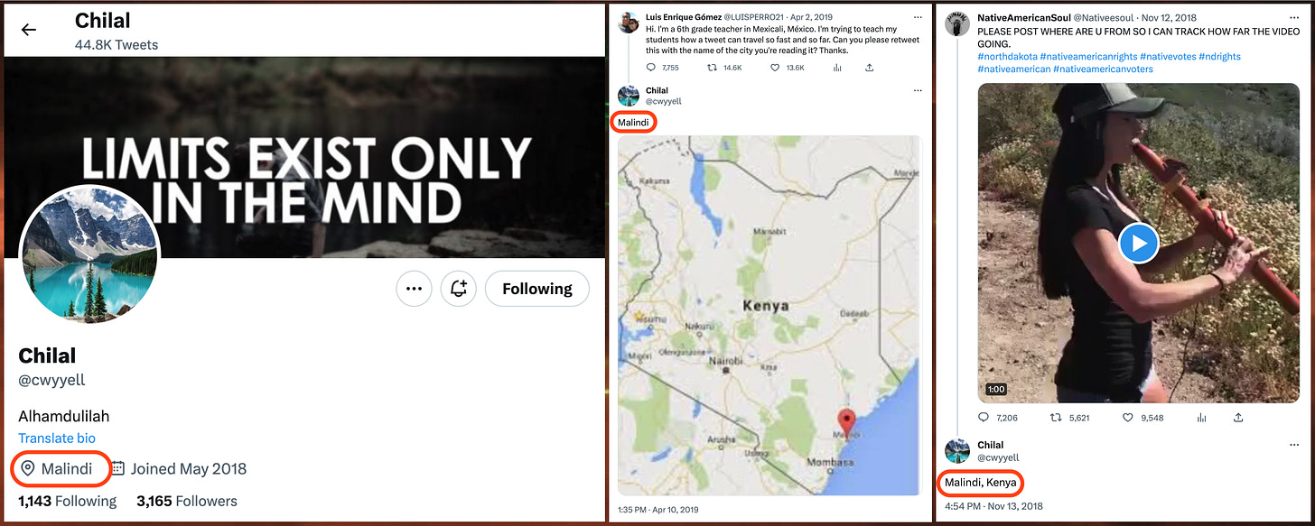 screenshots of @cwyyell tweets and profile claiming residence in Malindi, Kenya