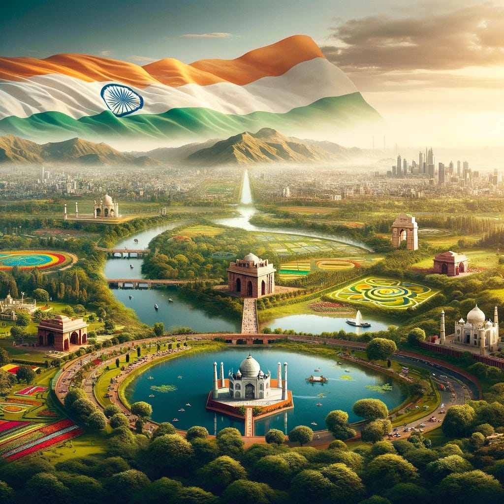 A panoramic view of India showing a blend of natural and urban landscapes. In the foreground, there are famous Indian landmarks like the Taj Mahal and the India Gate, set against a backdrop of lush greenery and vibrant gardens. The middle ground shows a scenic view with hills and a lake, reflecting the sky. In the distance, a modern city skyline is visible, with skyscrapers and busy streets. A single large Indian flag is prominently displayed in the scene, symbolizing the unity of nature, culture, and modernity in India.