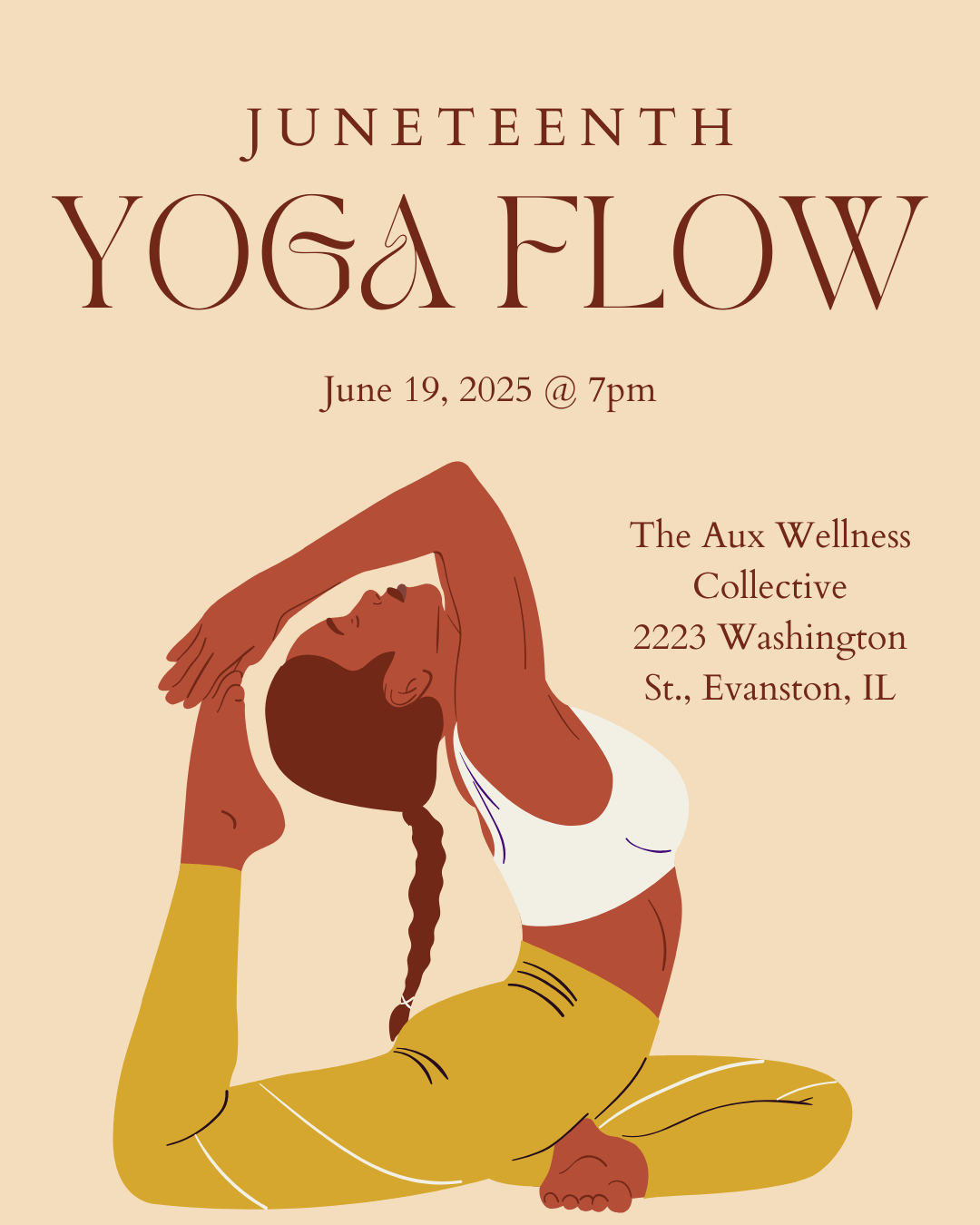 Social media flyer featuring an illustration of a Black woman wearing yellow leggings and a white tank top doing a yoga pose