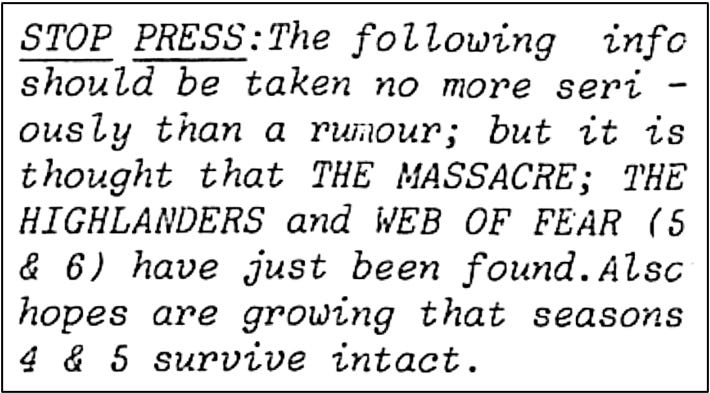 Fanzine cutting suggesting that The Massacre, The Highlanders and episodes five and six of The Web of Fear may have been found.